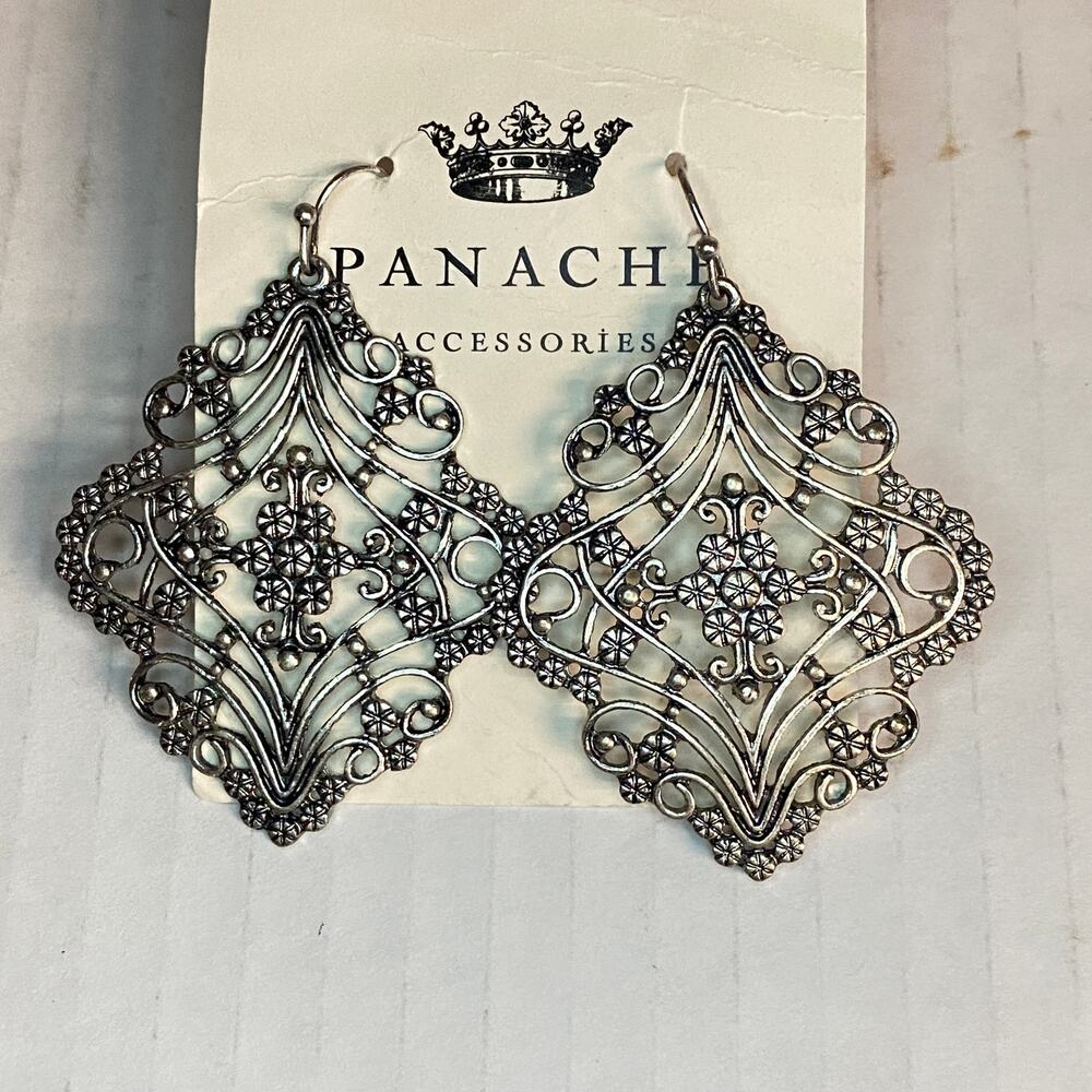 Panache Silver-Tone Floral Flower Design Diamond Drop Dangle Earrings Women's